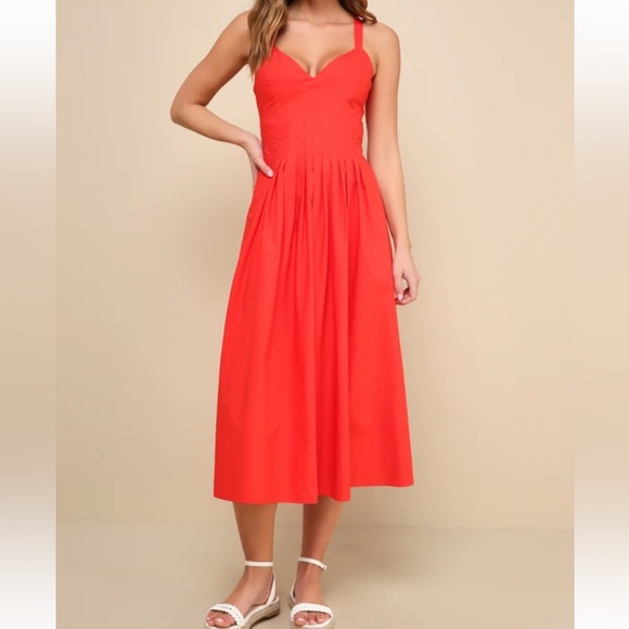 Lulus Dresses & Skirts - Lulus Strolling Sicily Red Pleated Backless Midi Dress With Pockets size XL